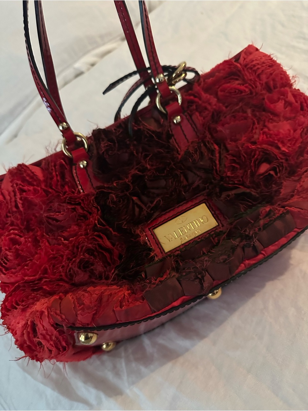 Valentino Garavani red silk rose handbag